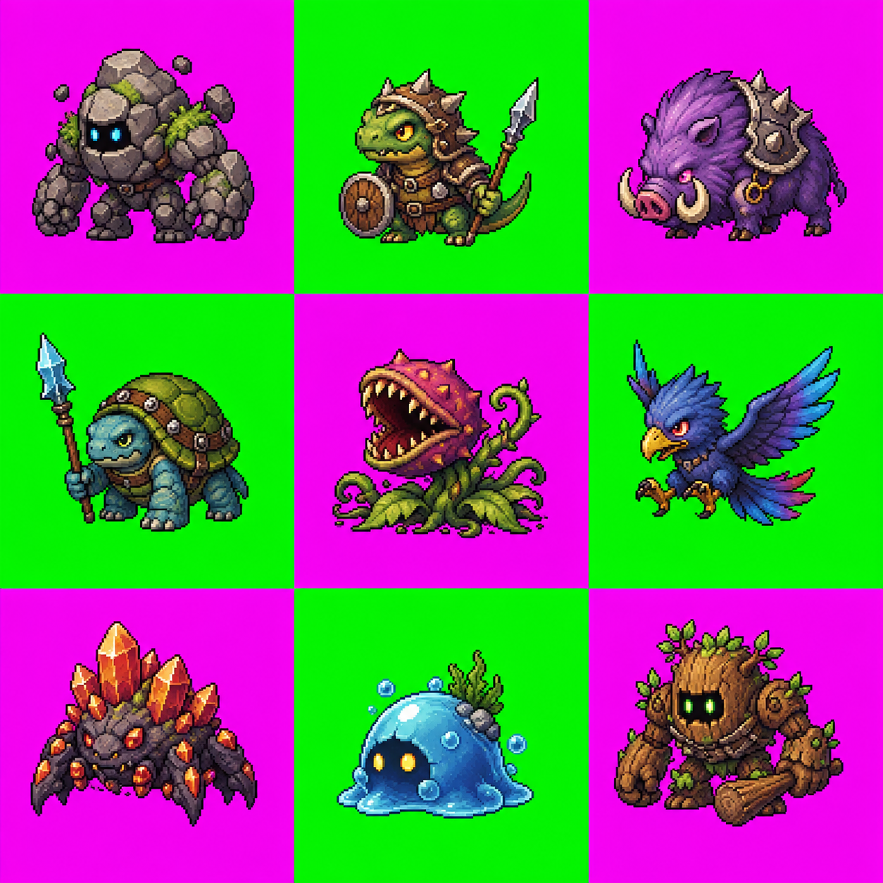 Nine chibi fantasy enemy creatures on chroma plates: rock golem, armored lizard, boar, turtle, carnivorous plant, bird, crystal beast, slime and treant