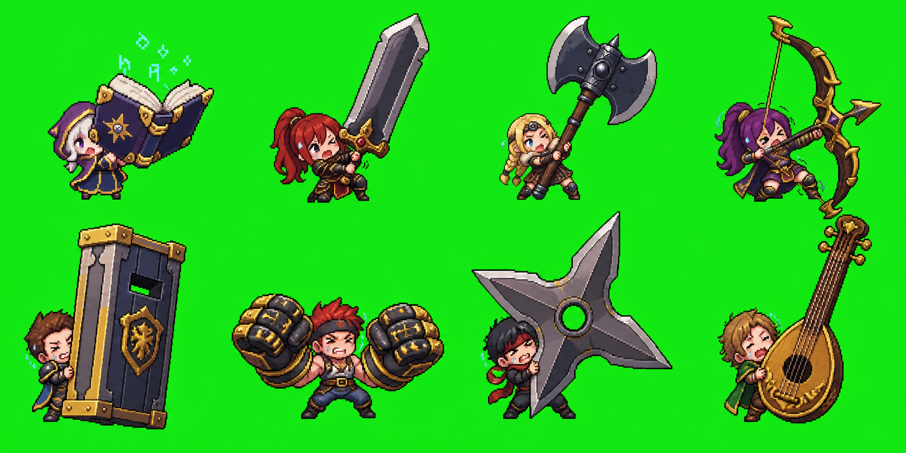 Eight chibi fantasy combat character sprites on a chroma plate, shown as a visual reference